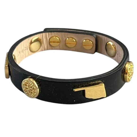 Rustic Cuff OKLAHOMA Black Patent Leather Gold Logo Leather Bracelet - Picture 1 of 3